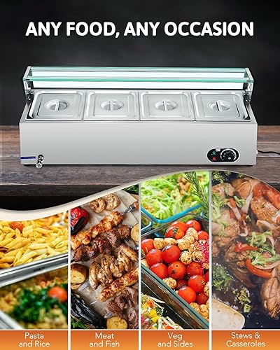 Miniatura 7 de WILPREP Calentador de alimentos comercial de 4 bandejas, mesa de vapor de 40 cuartos de galón, bandeja de calentamiento eléctrico de 1200 W,