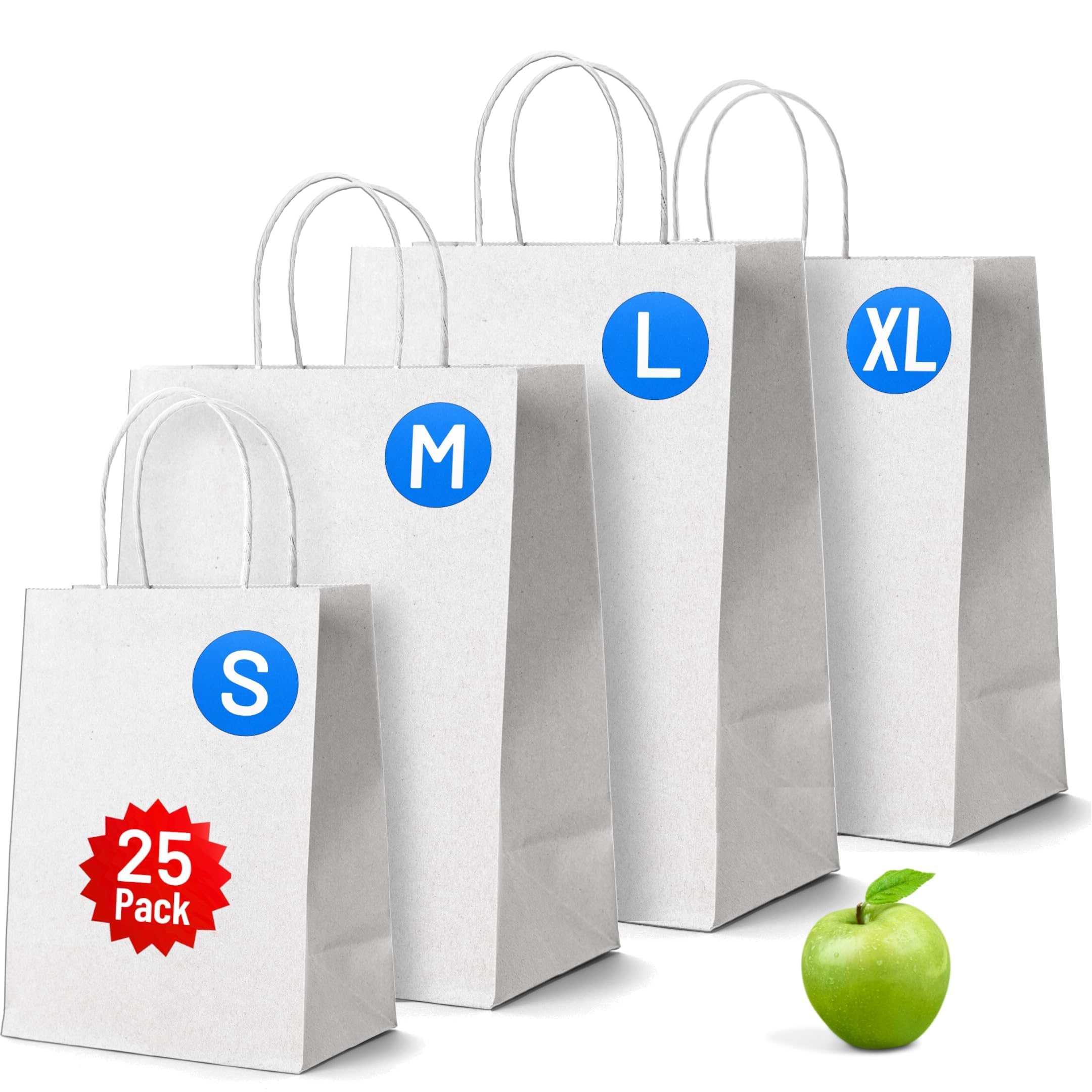 PWgoods White Paper Bags with Handles - 25 Pack, XLarge 12 x 12.5 x 5.5, Twisted Handle Carrier Bag, Retail Lunch Party Gift