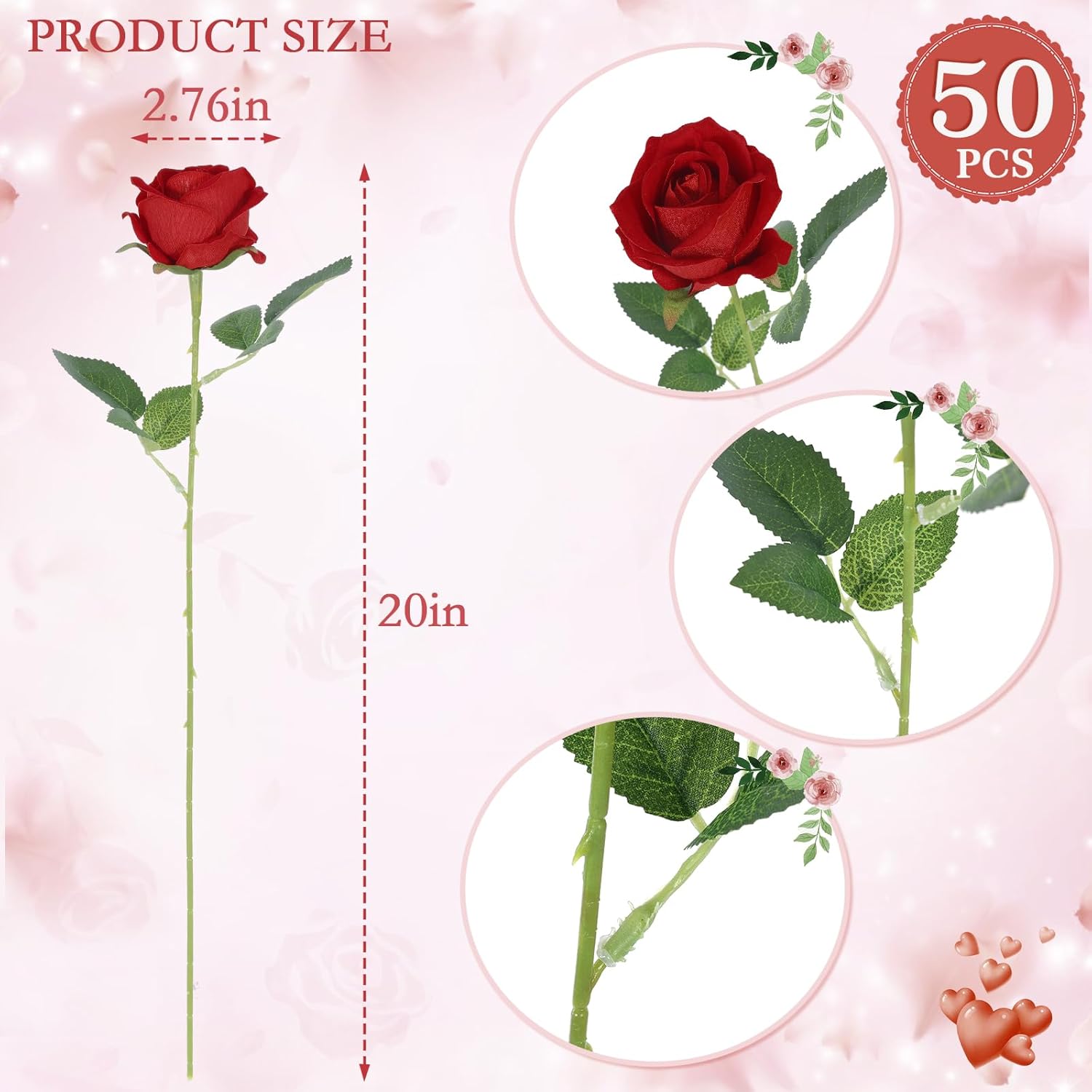 Hananona 50 Pcs Artificial Roses in Bulk, Fake Silk Red Roses Realistic Roses for Wedding Centerpieces Flower Arrangement Home Decor (50, Red) - Image 2