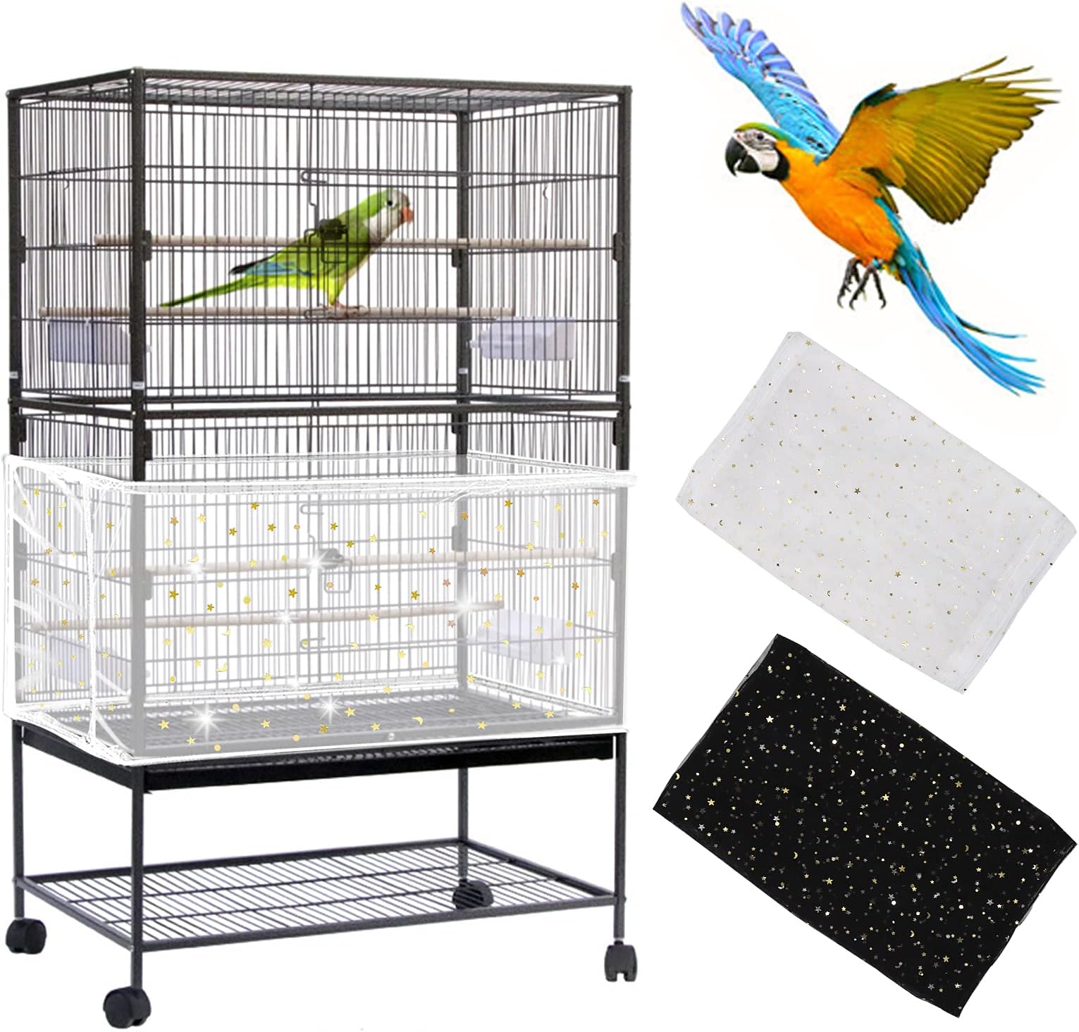 Daoeny 2Pcs Bird Cage Cover, Adjustable Bird Cage Seed Catcher, Large Soft Nylon Mesh Net with Twinkle Moon Star, Birdcage Cover Skirt Seed Guard for Parrot Parakeet Macaw Round Square Cages