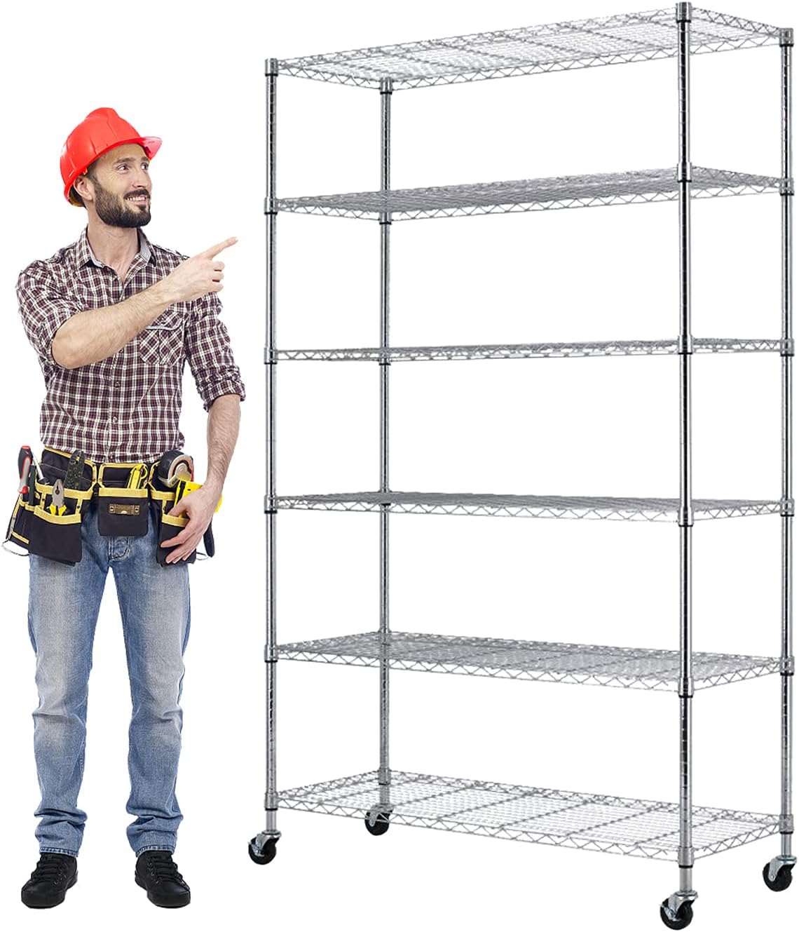 HHS Storage Metal Shelf Wire Shelving Unit with Wheels 48x18x77(6000LBS) Sturdy Steel Heavy Duty 6 Tier Layer Rack with Casters for Restaurant Garage Pantry Kitchen Garage Rack, Chrome