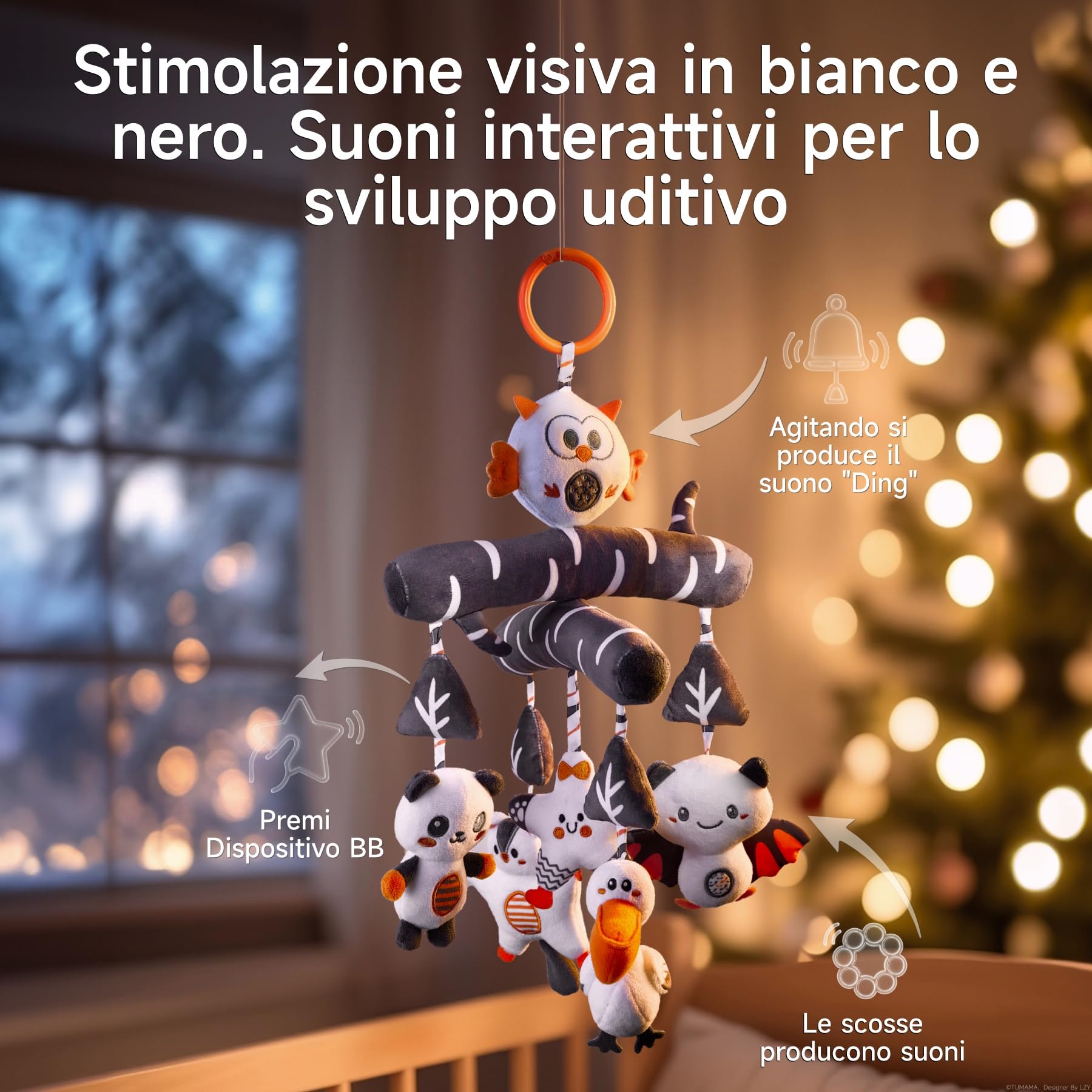 TUMAMA Giochi Passeggino per Neonato 0 3 4 6 8 12 Mesi, Gioco Montessori Sensoriali Sonaglio per Neonati Accessori con Suono, Peluche Animale Giocattoli per Culla Carrozzina Femmina Maschio Regalo