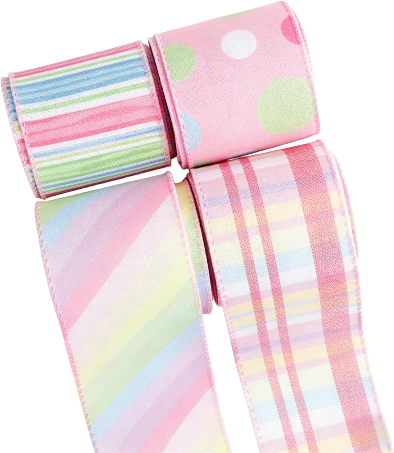 Meseey 4 Rolls Pastel Wired Ribbon, 2.5 Inch x 5 Yards Polka Dot/Plaid/Striped Ribbons for Easter Wreaths, Gift Wrapping,Baskets, Crafts, Spring Party Decorations image 2