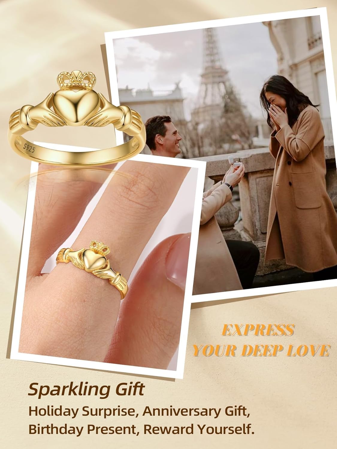 Bestyle 925 Sterling Silver Ring for Women, Minimalist Claddagh Ring Celtic Knot Ring for Women, Irish Promise Wedding Band, Gold/Rose Gold Vermeil Women Band Ring, Stackable, Gift for Her - Image 8