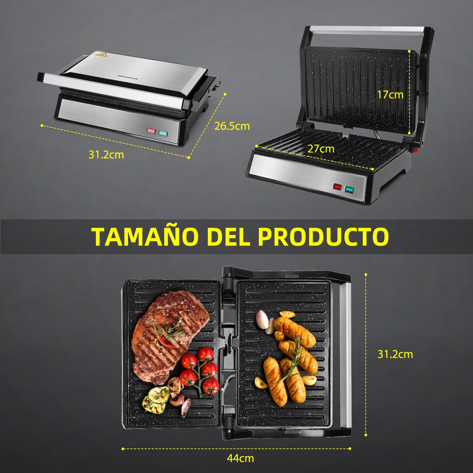 Aigostar Parrilla Eléctrica 1500W | Placas con Revestimiento 27x17 cm | Apertura 180° | Placa Flotante | Libre de PFAS y BPA | Sandwichera Grill | Hett Pro