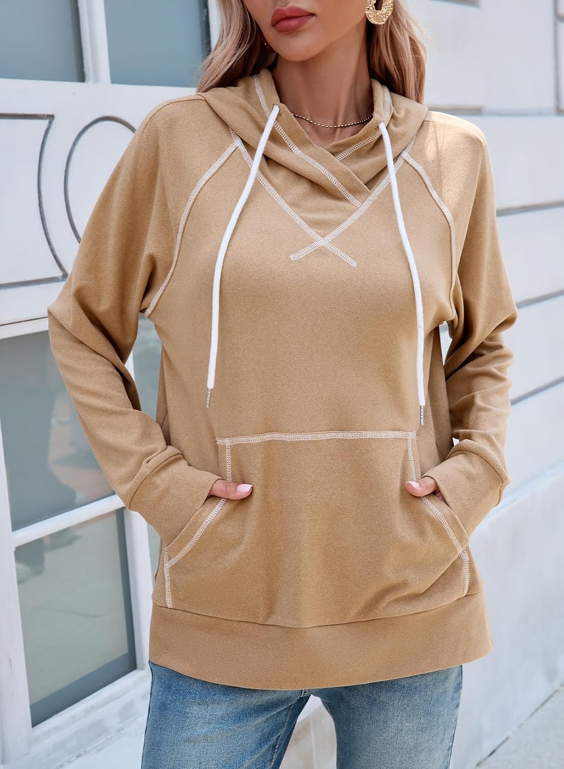 SHEWIN Womens Hoodies Drawstring Hooded Sweatshirt Pullover Long Sleeve Tops Womens Fall Fashion 2025 - Image 3