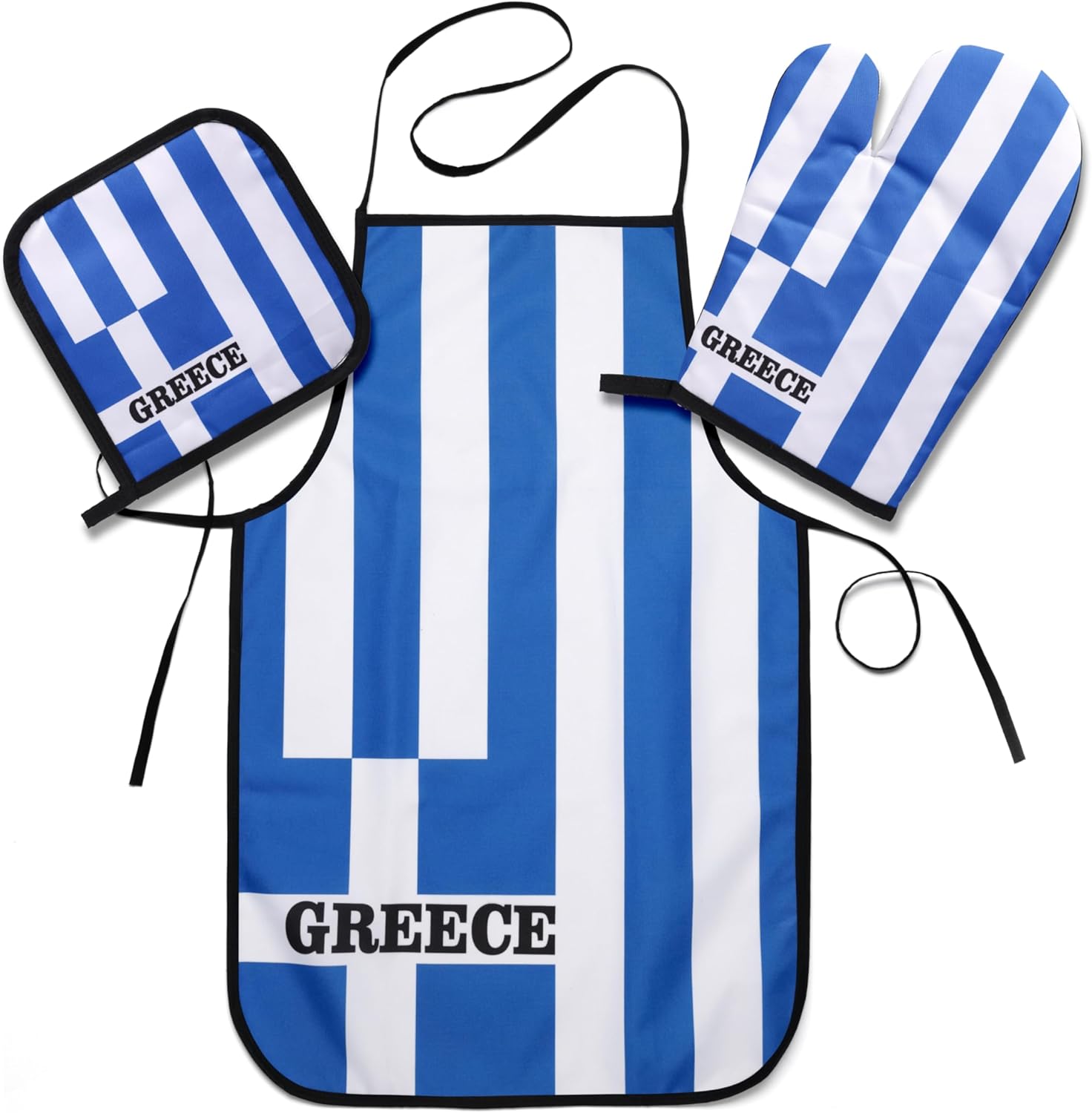 Greece Flag Kitchen & BBQ Set w/Apron, Oven-mitt & Pot-holder Greek
