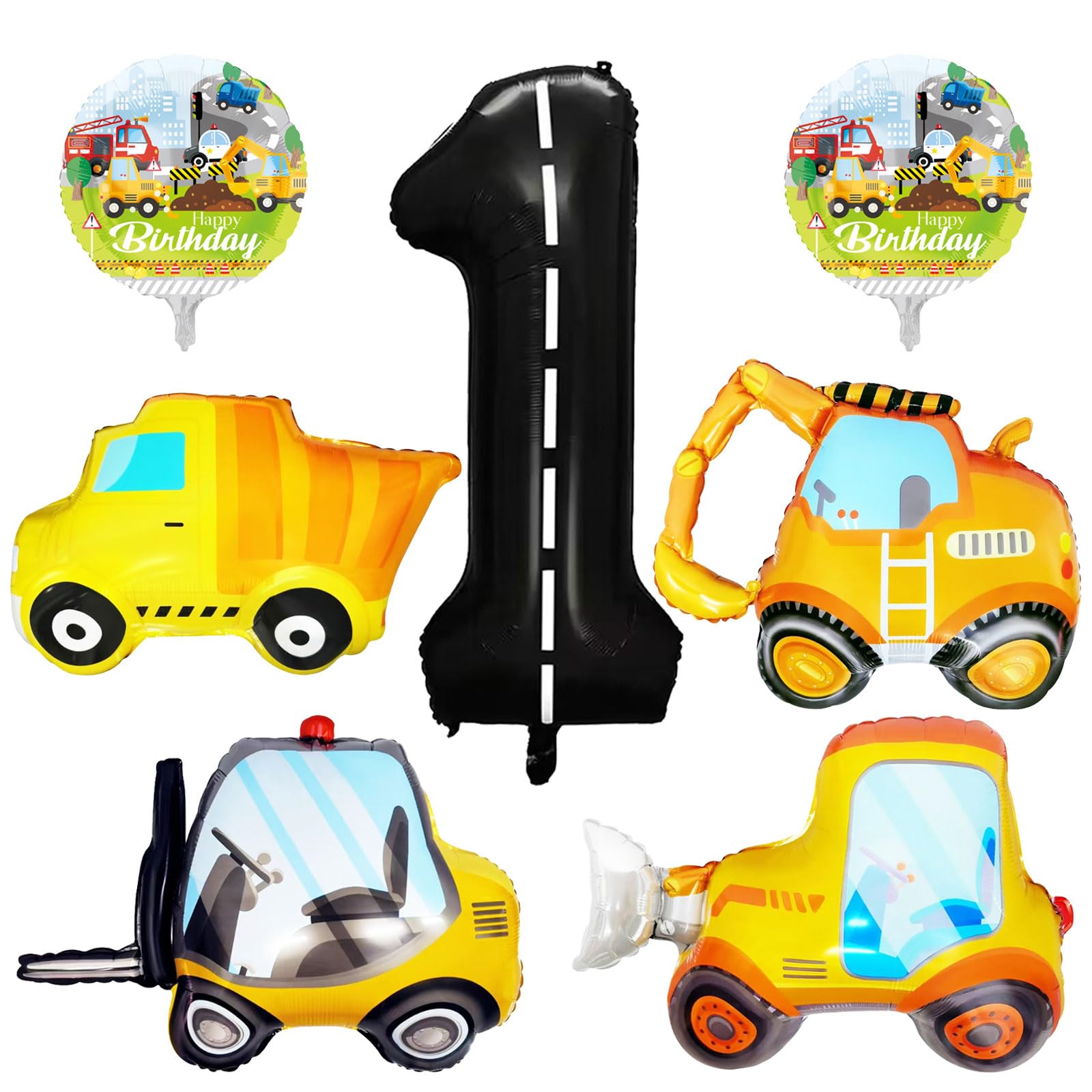 7 Pcs Construction Balloons 40 Inch Number 1 Foil Balloons Excavator Truck Forklift Bulldozer Construction Birthday Balloons for Boys Construction