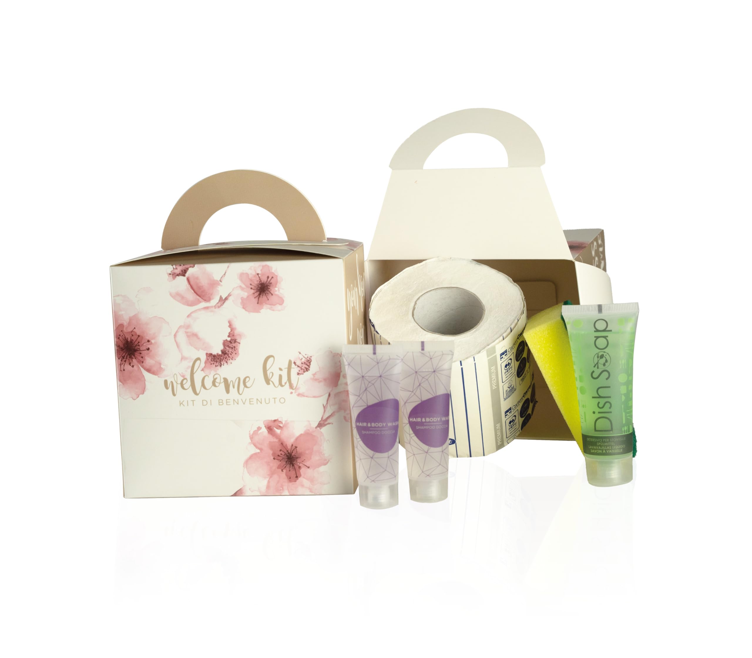 PRESENT-MORE - Kit Camping 12 Pièces - Kit Camping Cuisine et Salle de Bain en Boîte - Contenu : Éponge, Liquide Vaisselle, Sac, 2en1 et Papier Toilette - Made in Italy - Idéal pour Camping