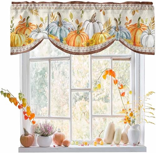 Cortinas con cenefa de otoño para sala de estar, cenefas de calabaza para ventanas de cocina, cenefa de ventana con bolsillo para barra de Acción de