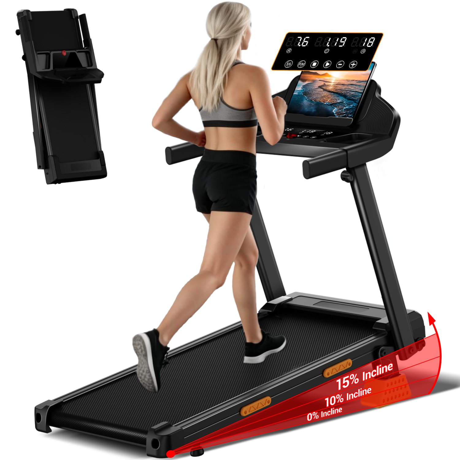 LONTEK Tapis Roulant Salvaspazio con Inclinazione 15%, Tapis Roulant Elettrico 12KM/H, Tapirulan Pieghevole da Casa con Motore da 3.0 HP e Display LED, Carico Massimo 136KG