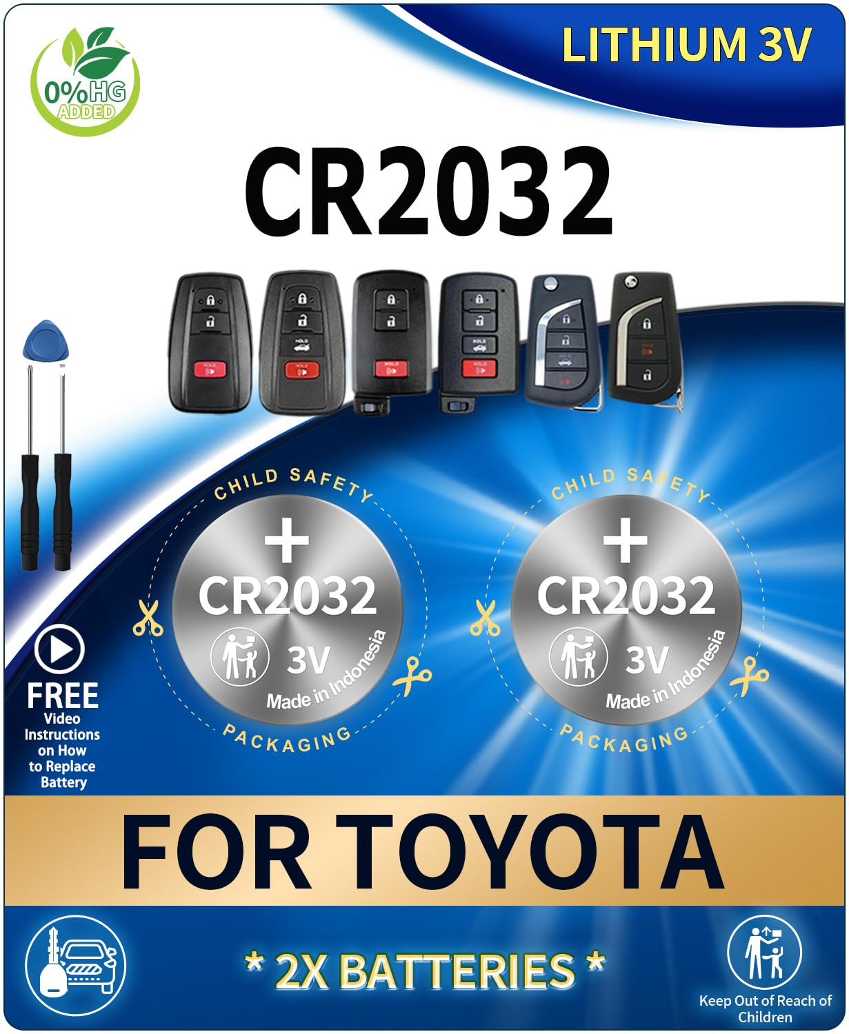 2 Pack CR2032 Key Fob Replacement Batteries for Toyota RAV4 Camry Corolla Highlander Prius Sienna Tacoma Tundra 4Runner Avalon CHR Sequioa Supra GR86