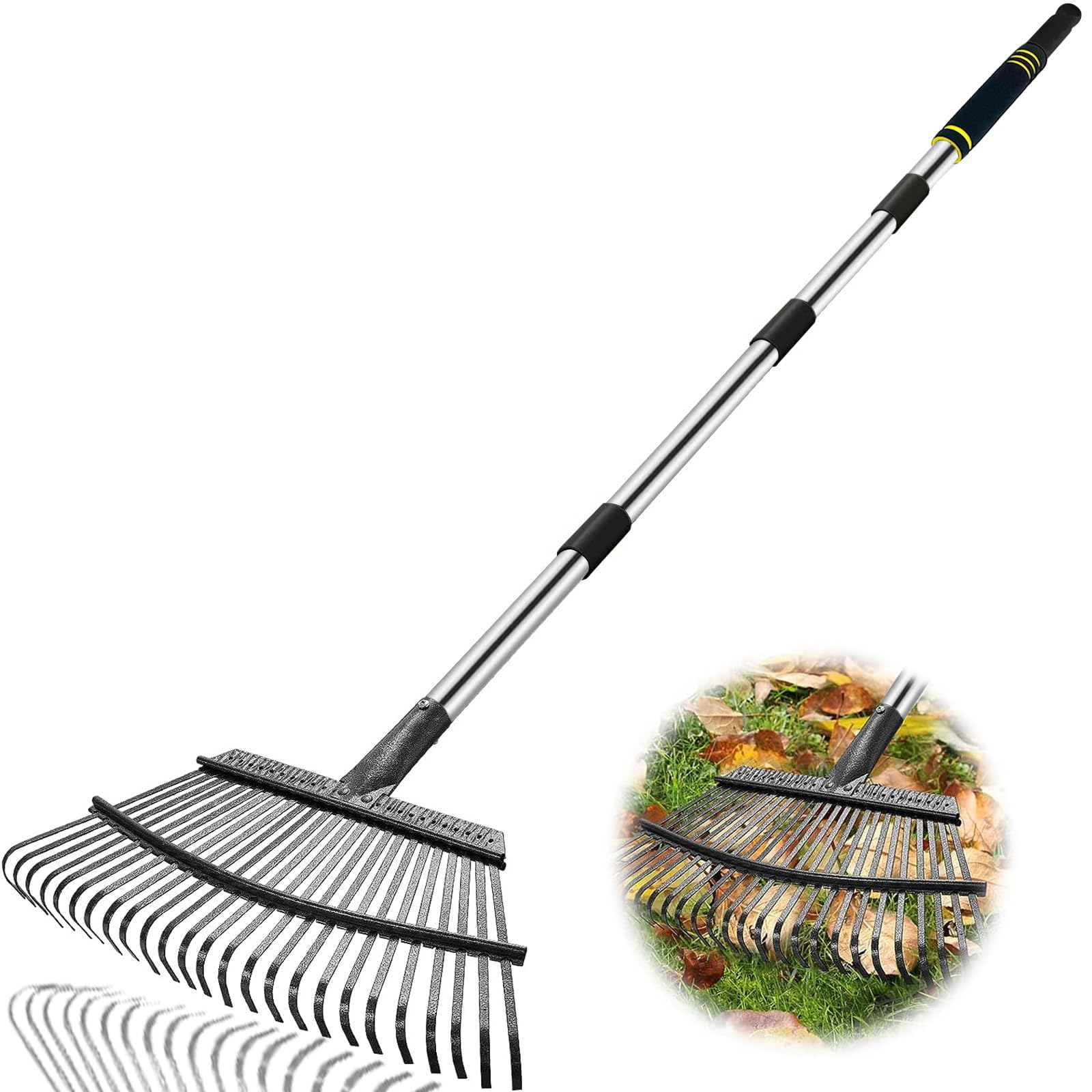 6-stopowe, wytrzymałe grabie ogrodowe – zęby metalowe 25/11, regulowany uchwyt stalowy o szerokości 18,5"/9" do liści/trawników/krzewów/gruzu
