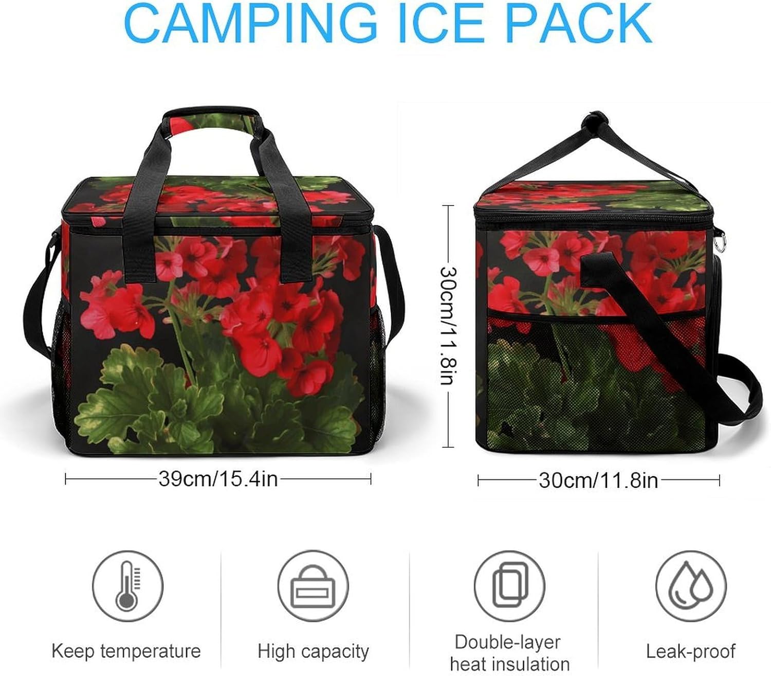 Large Capacity Oxford Cloth Red Geraniums Printed Camping Ice Bag, Outdoor Portable Insulation and Cooling Bag, Suitable for Outdoor Camping and Picnics