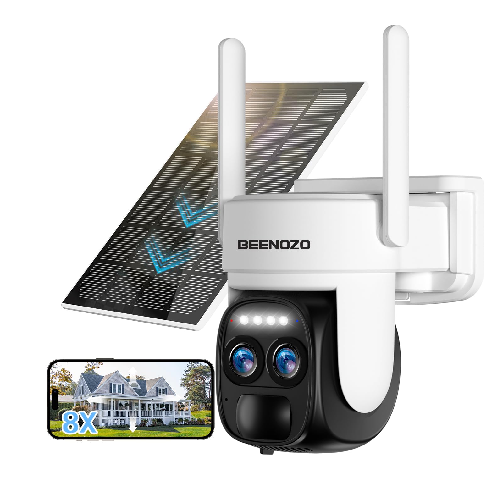 [8X zoom híbrido] 4K cámara vigilancia WiFi exterior inalámbrico solar, 360°PTZ cámara IP batería, con panel solar, detección humana AI, visión nocturna color, sirena, audio bidireccional