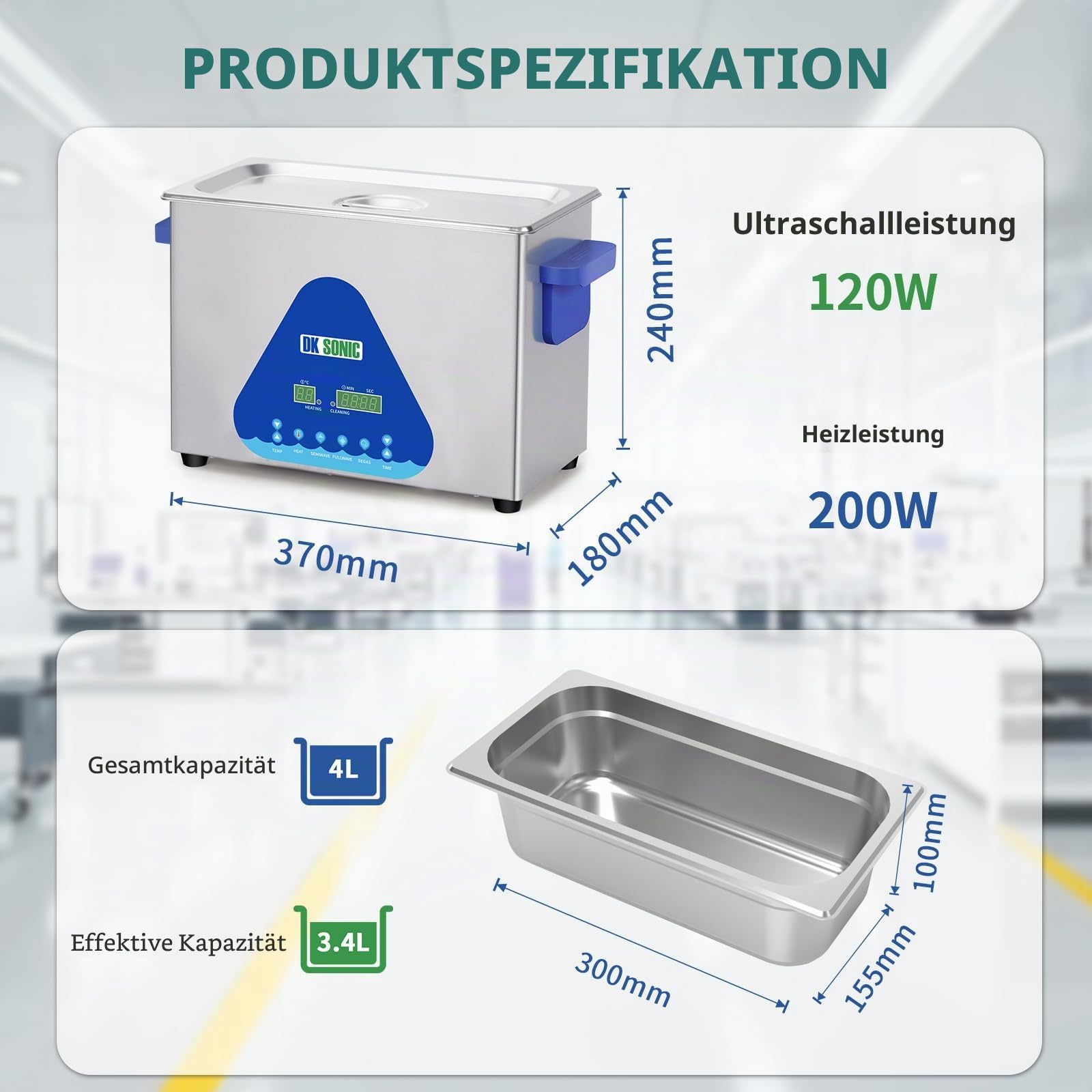 DK SONIC Ultraschallreiniger 4L, 120W Professioneller Ultraschallreinigungsgerät mit Heizung und Timer, Digitaler Steuerung und Korb, Mehrere Funktionen für Schmuck, Brillen, Ketten, Uhren