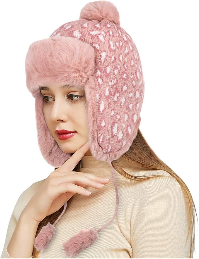 UpdateClassic Leopard Winter Hats with Ear Flaps for Women Trapper Hat