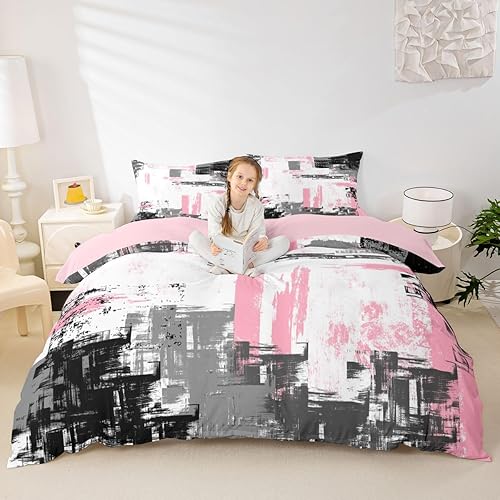 Miniatura 4 de Feelyou Juego de funda de edredón abstracta para niños, juego de ropa de cama moderno de arte abstracto rosa, blanco y negro, juego de funda de