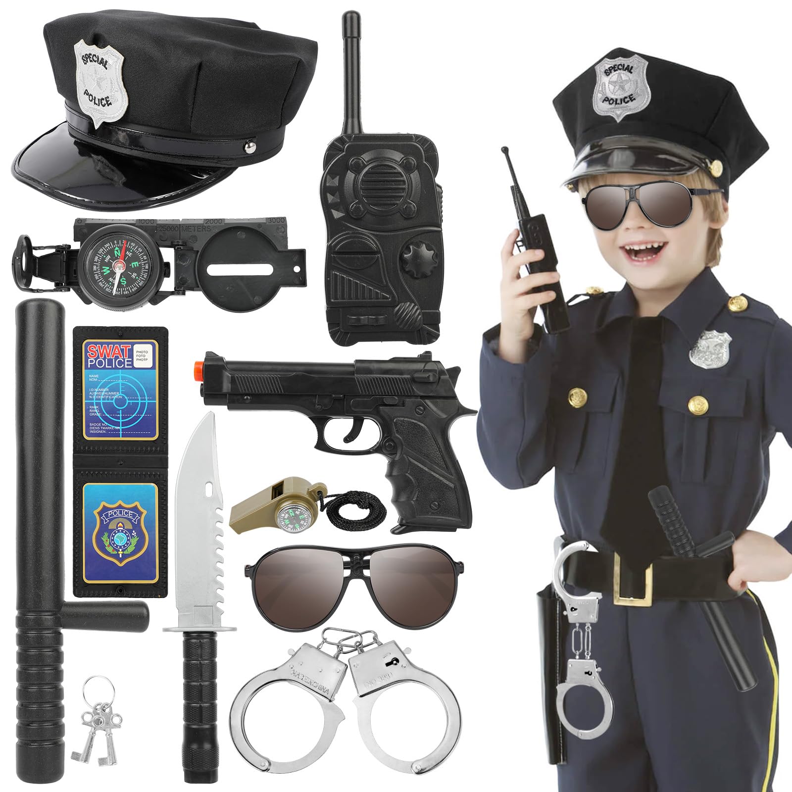 Kit Déguisement Policier 7 Pièces - Menottes, Casquette, Badge, Talkie-Walkie - Pour Enfants, Cosplay, Fête - 11