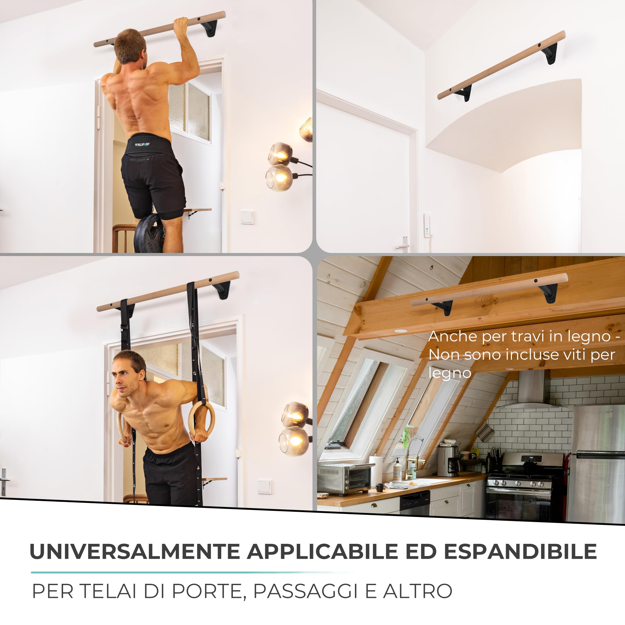 PULLUP & DIP barra per trazioni in legno di faggio – da fissare a parete sopra il telaio della porta – barra 40 mm per trazioni e forza di presa – barra da parete per palestra domestica