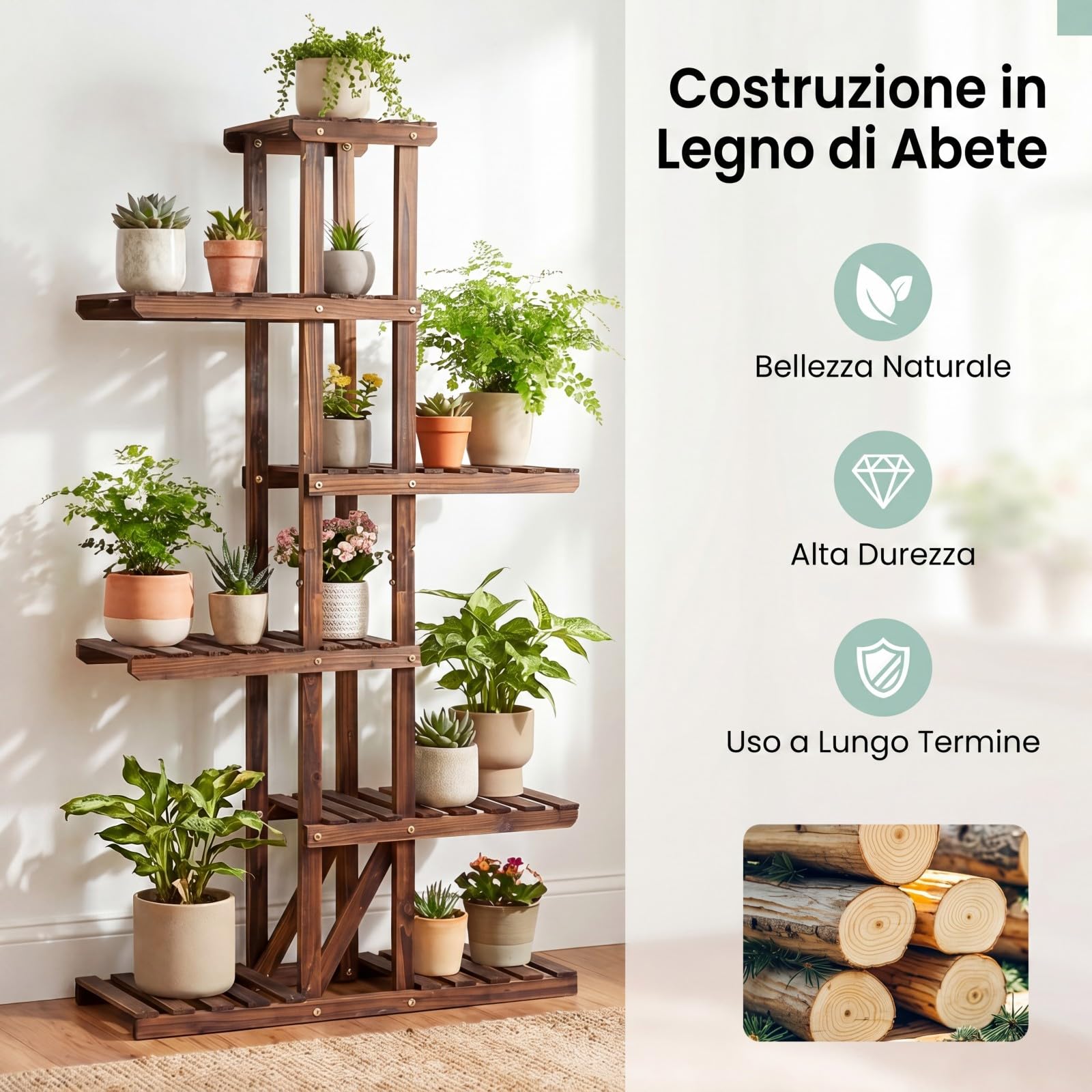 COSTWAY Portavasi a 6 Ripiani, Scaffale Portapiante da Esterno e Interno, Scaffale Portafiori in Legno Massello da Giardino, Terrazza e Balcone, 75 x 25 x 140 cm