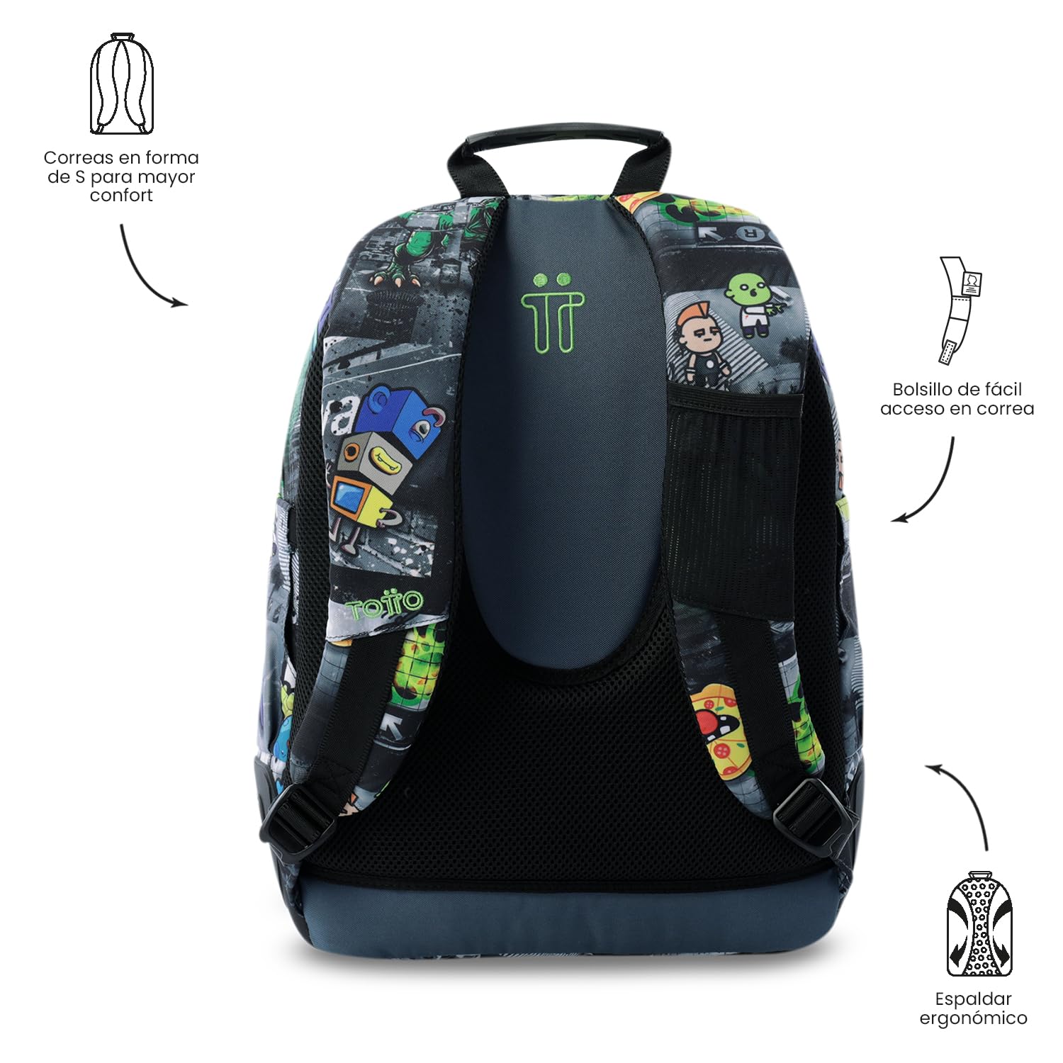 TOTTO - Mochila Escolar Grande, Modelo Rayol, Capacidad 19 L, 3 Compartimentos, 2 Bolsillos Botella, Bolsillo para PC 14", Espaldar Ergonómico con Flujo de Aire, Correas en S, Estampado Rolly Negro
