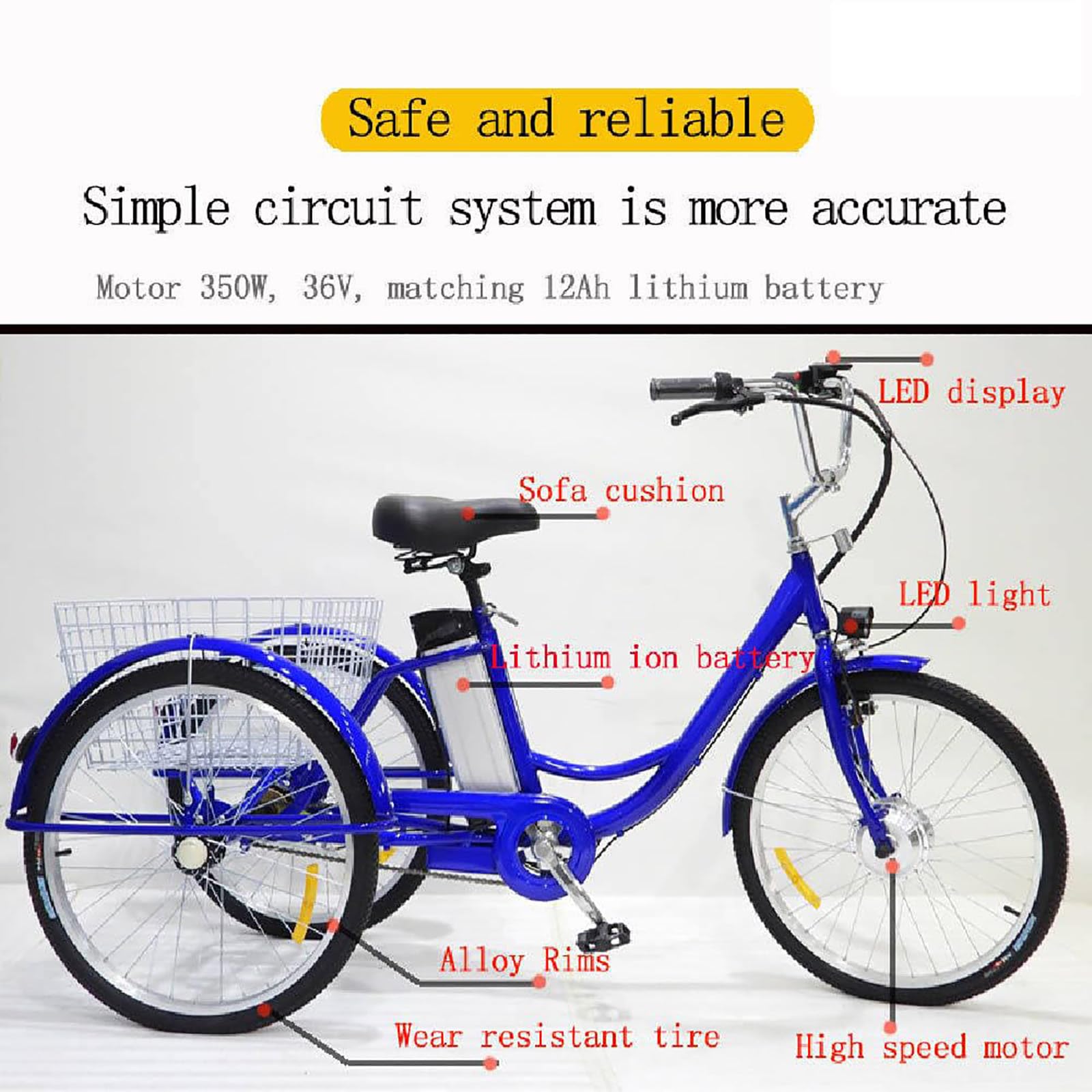 Triciclo elettrico per adulti da 24”, 3 ruote, batteria rimovibile da 36 V/12 Ah, carico massimo 150 kg, 3 modalità di guida, cestino portaoggetti, nero.