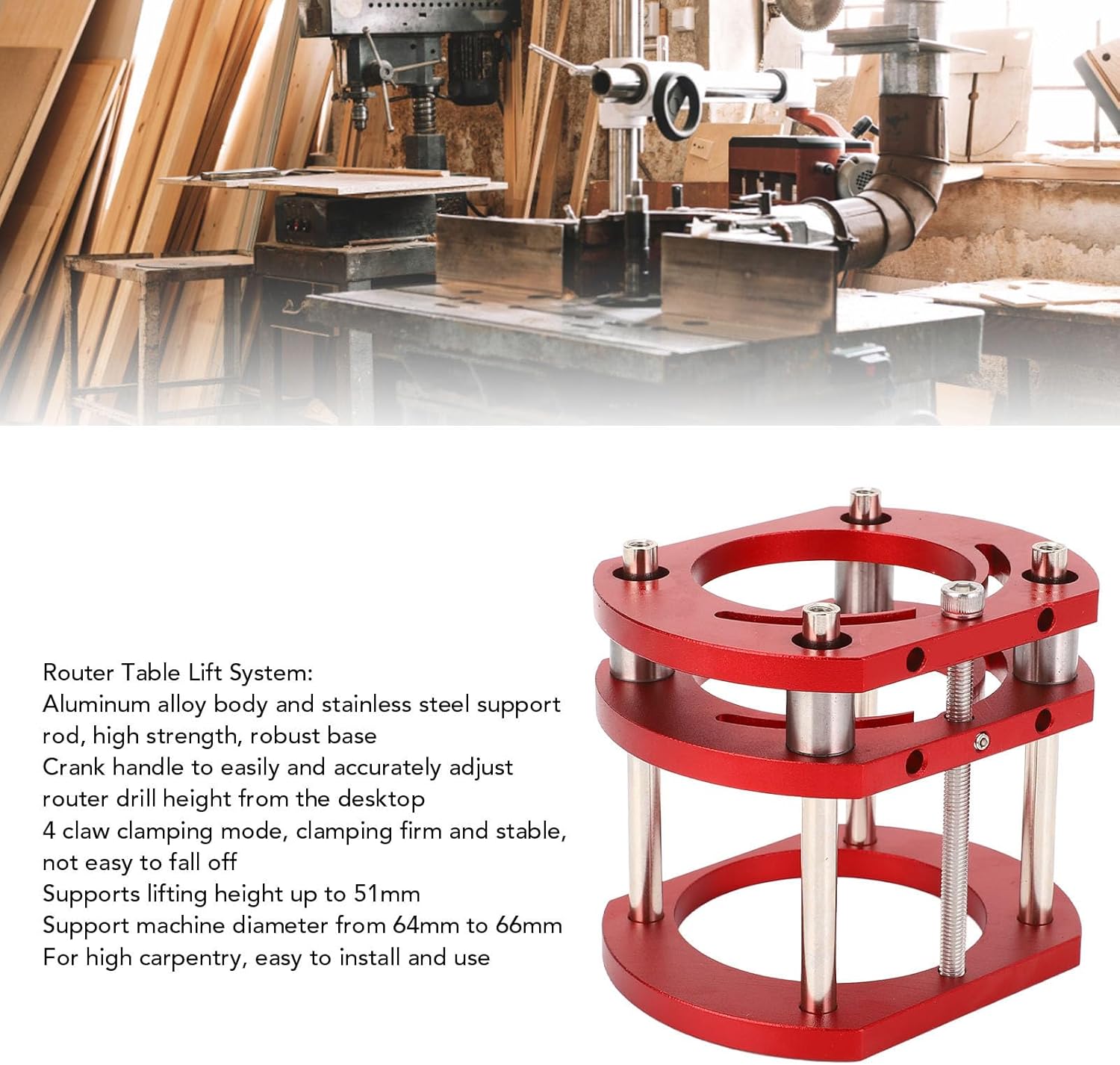 Router Base, 4 Jaw Clamping Router Table Lifting System Base, Woodworking Engraving DIY Engraving Tools for 64 to 66mm Diameter Motors, Support 51mm