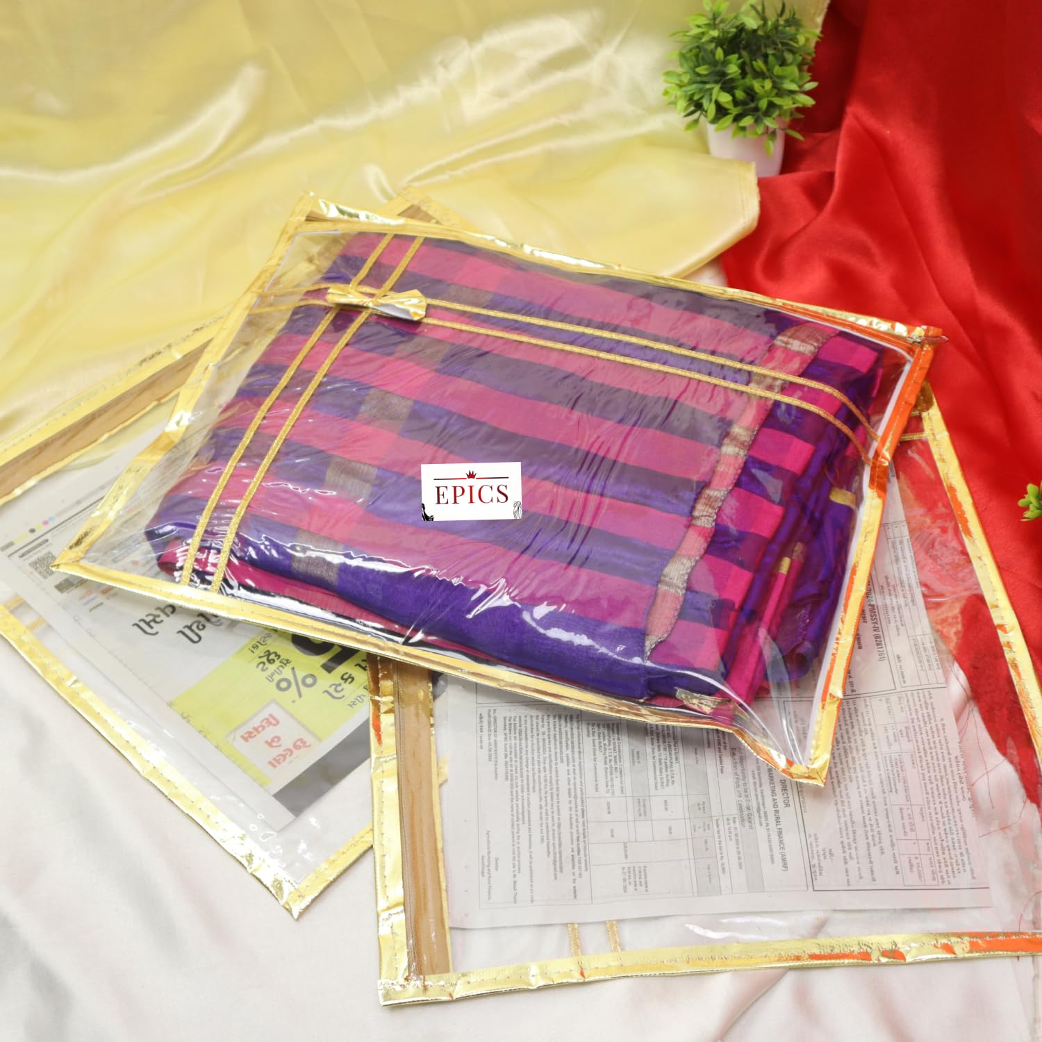 Epics present Gold Bow With Golden Border & Full Transparent PVC Non-Woven Single Saree Cover, Lahenga Gown Cover, Clothes Storage Bag/Best for Gifting (Pack of 12, Gold) (B0CJ711WDF) Amazon Price History, Amazon Price Tracker