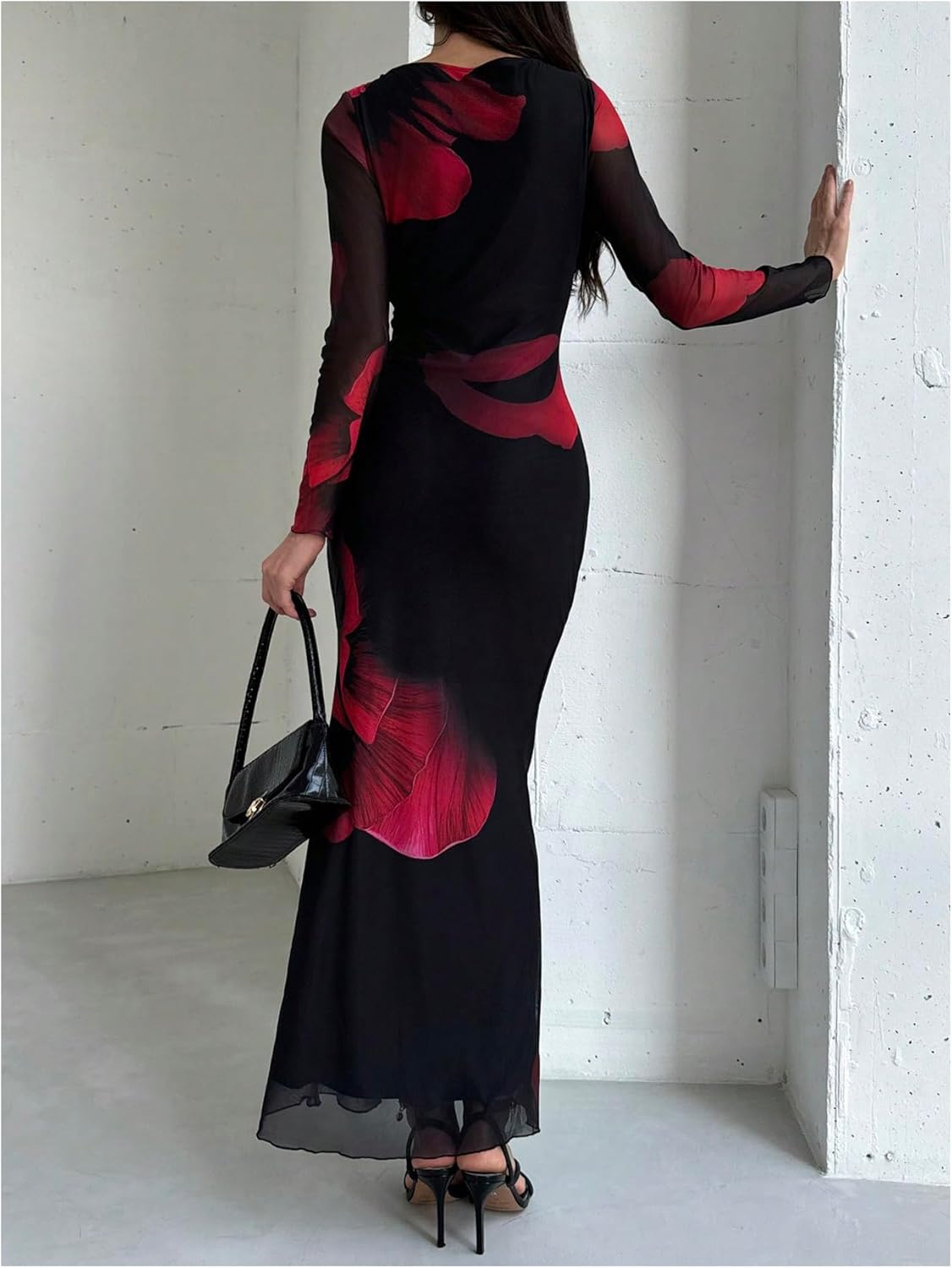 GORGLITTER Women's Mesh Long Sleeve Maxi Dress Floral Tie Dye Crewneck Bodycon Fall Cocktail Party Dresses - Image 3