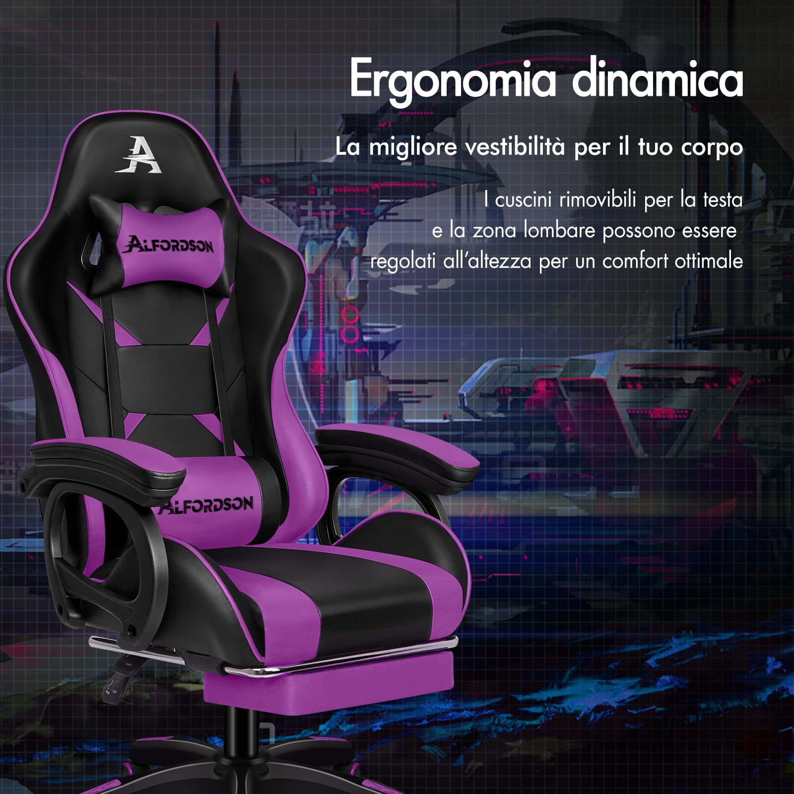 ALFORDSON Sedia da Gaming Massaggiante con Poggiapiedi da Case Viola | Poltrona Gamer in Similpelle Serie XAVIER, Schienale regolabile, con supporto lombare e poggiatesta, portata 180 kg