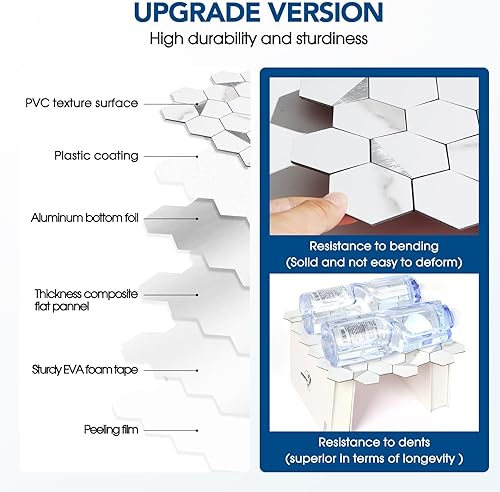 Miniatura 6 de Azulejos hexagonales de 20 hojas para despegar y pegar, 12.2 x 11.34 pulgadas, mármol beige, azulejos de pared de PVC 3D mezclados de mármol beige