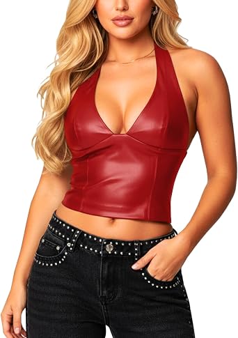 Navneet Women Sexy PU Leather Halter Crop Top Deep V Neck Backless Going Out Tank Top