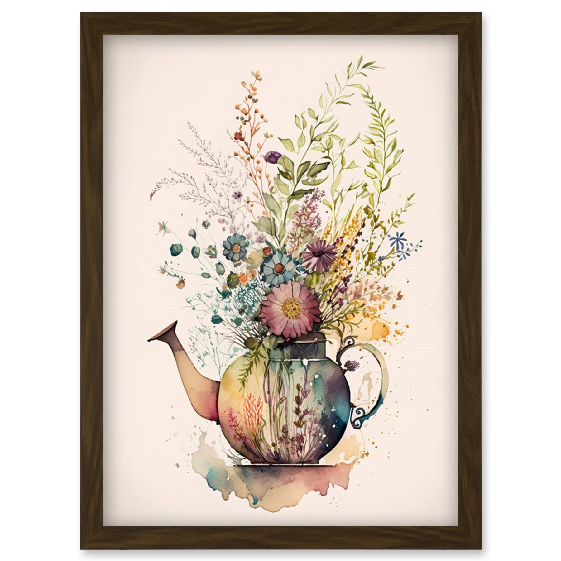 Artery8 Wildflower Floral Spring Bouquet in a Teapot Vase Artwork Framed Wall Art Print A4