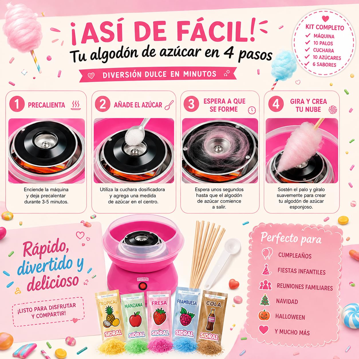 SIDRAL Macchina per zucchero in cotone a casa – con 10 bastoncini di bambù riciclabili più misurino, macchina zucchero cotone, facile da usare per adulti