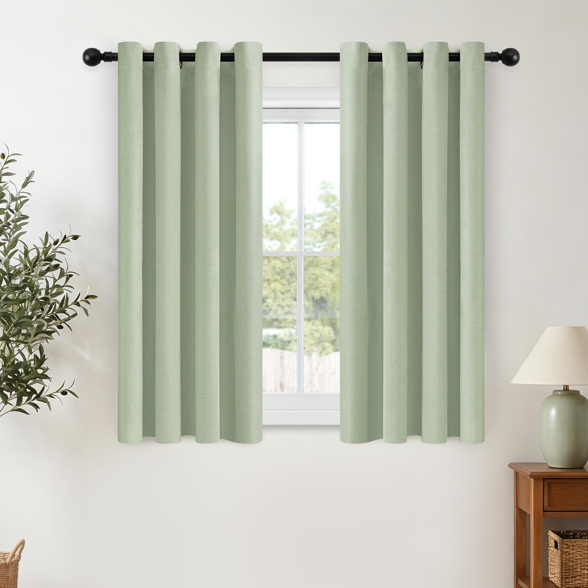 Best Baisite Full Blackout Curtains 63 Inch Drop 2 Panels Energy Saving Thermal Eyelet Curtains Sage Green Soft Double-sided Linen Curtains for Living Room Bedroom Short Window, One Pair, 52"W x 63"L — image 1