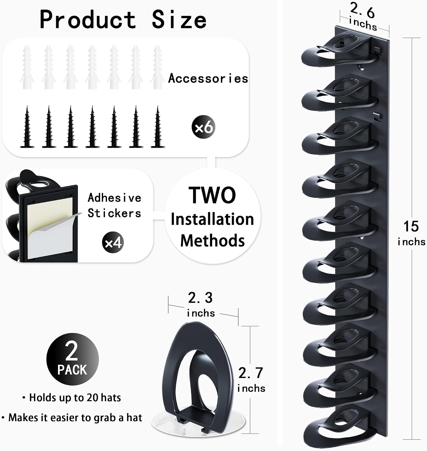Hat Organizer for Baseball Caps, 2 Pack Hat Rack for Wall, Hat Holder Hanger Hanging, Cap Organization and Storage for Door & Closet - 20 Hooks - Strong Adhesive & Screws (Matte Black)