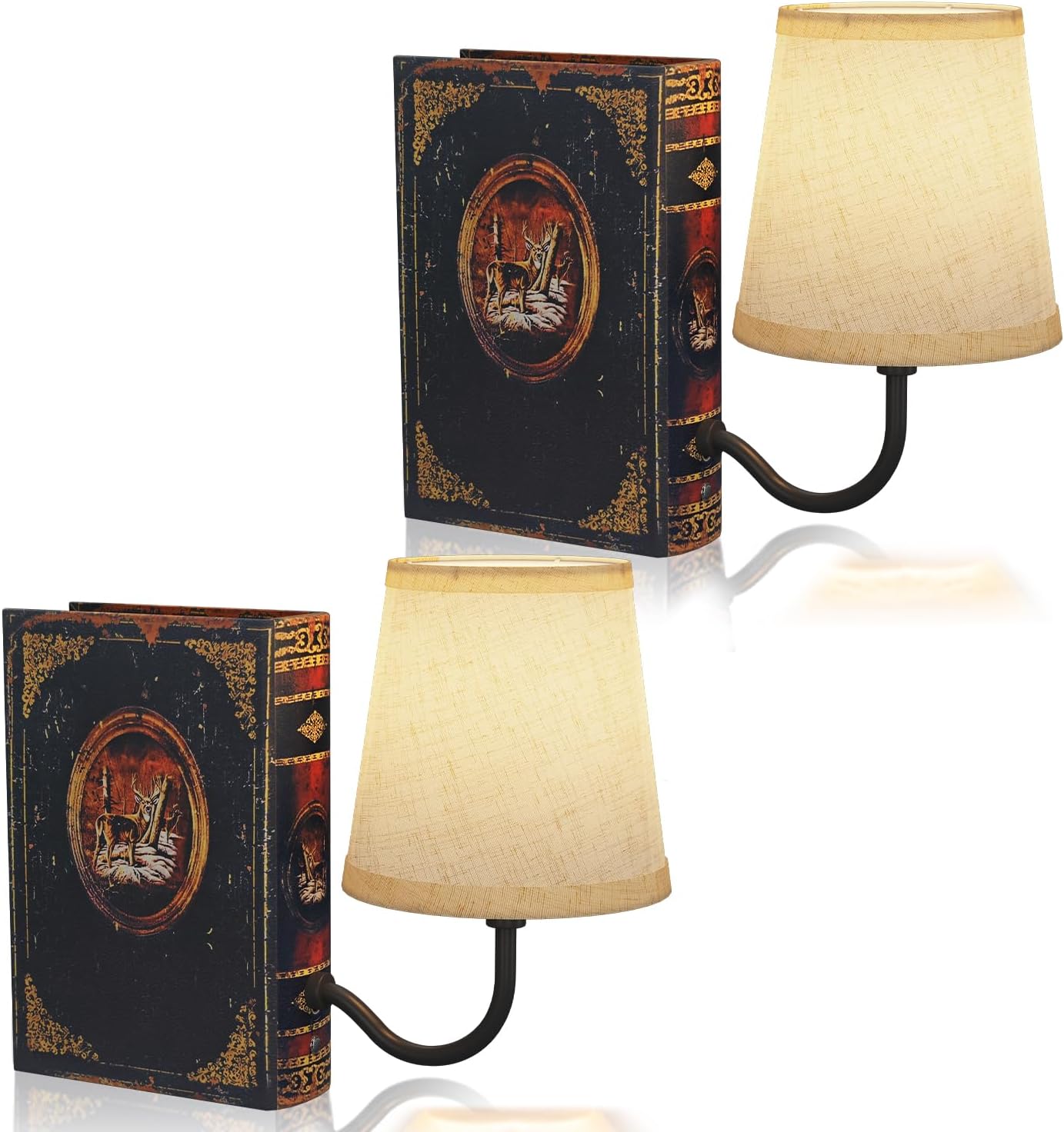 Vintage Bookshelf Lamp Rechargeable Set of Two, Cordless Book Lamp with Linen Shade, Dimmable Touch Control Table Lamp, Modern Decorative Bookend, Bookshelf Lights for Office Home 2 Pack Deer