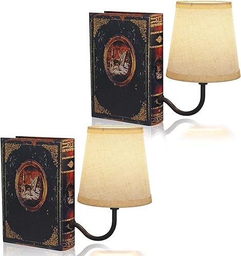 Juego de dos lámparas vintage para estantería recargable, lámpara de libro inalámbrica con pantalla de lino, lámpara de mesa regulable con control