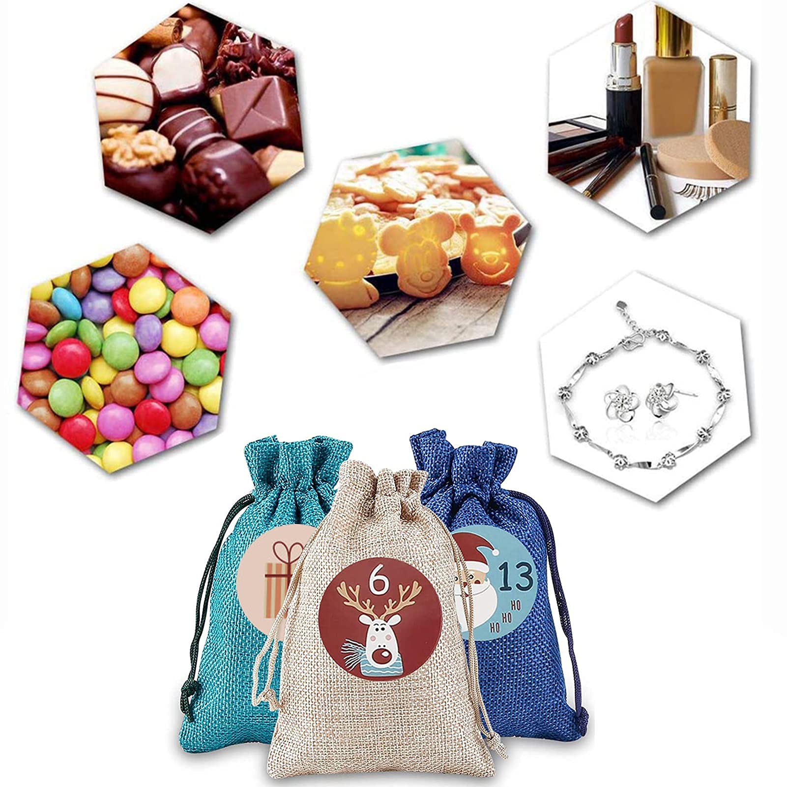 Carehabi - 24 calendriers de l'Avent à remplir, sacs en tissu, calendrier de Noël (24 sacs en tissu, 48 autocollants chiffres de l'Avent, 24 pinces en bois, 10 m de corde de chanvre) Lin/Vert/Bleu