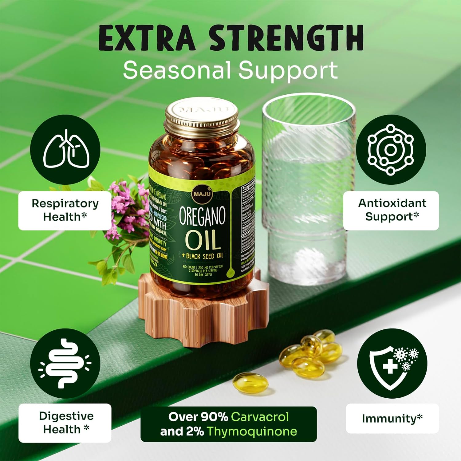 MAJU Oregano Capsules w/Black Seed Oil, 2-in-1 Softgel Oil of Oregano, Potent 90%+ Carvacrol, High Thymoquinone, 60 Count, 500mg per Serving, Wild Oregano and Black Seeds
