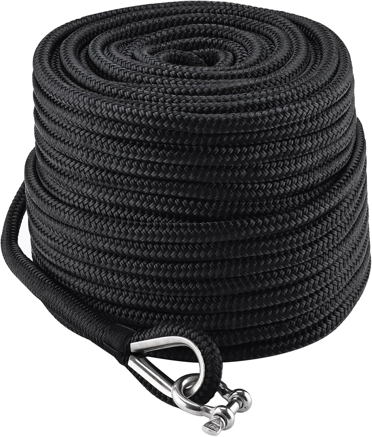 NovelBee 1/2inch x 200feet Boat Anchor Rope,Double Braid Nylon Anchor Line with Stainless Steel Thimble and Shackle,Heavy Duty Nylon Rope for Boat,Towing,Docking,Mooring (Black)