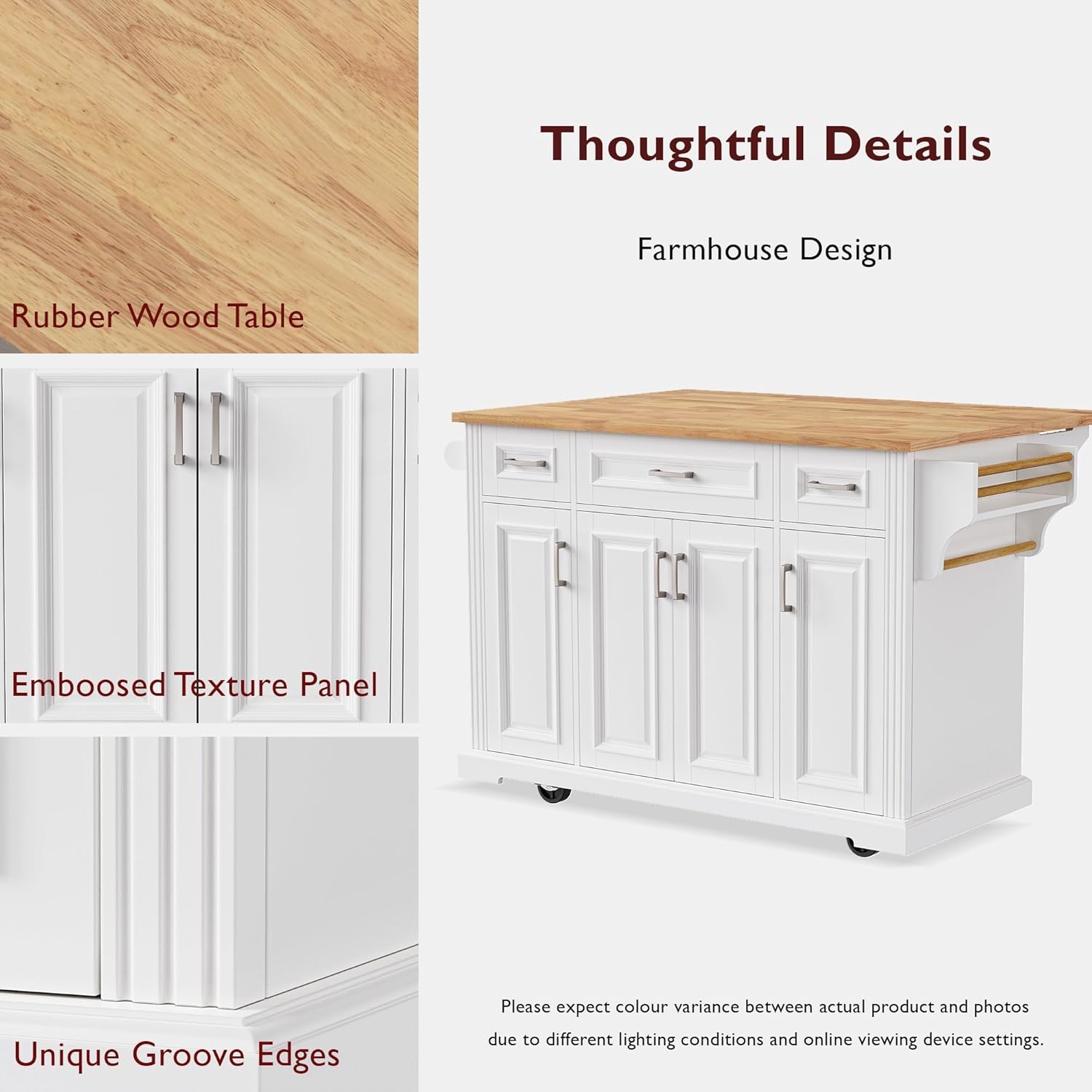 Large Kitchen Island with Rubber Wood Drop Leaf, Rolling Kitchen Cart with Ample Storage on Wheels with Doors and Drawers, Embossed Texture for Dining Room (54Inch, White, Silver Handle)