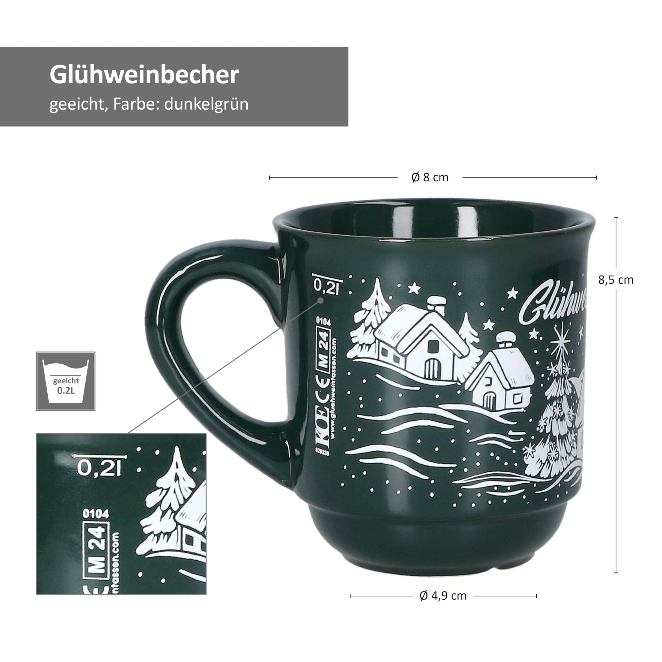 MamboCat 12er Set Glühweinbecher 0,2L grün Weihnachtslandschaft I Klassische Keramik Glühweintassen I geeicht I ideal für den Weihnachtsmarkt