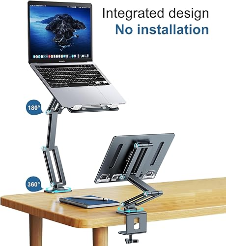 Miniatura 2 de Soporte para computadora portátil para escritorio, soporte de brazo para tableta con rotación de 360, bandeja de aluminio ajustable para laptop,