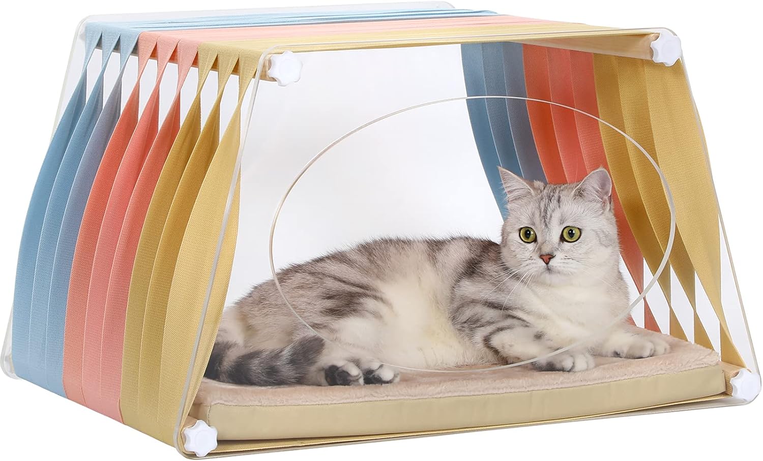 A 4 Pet Cat House, Modern Style Cat Bed Cave for Indoor Cat, Trapezoid Cat Beds with Plexiglass Frame and Removable, Washable, Cushion Mat for Cats, Small Dog, and Guinea Pig, Easy Assembly