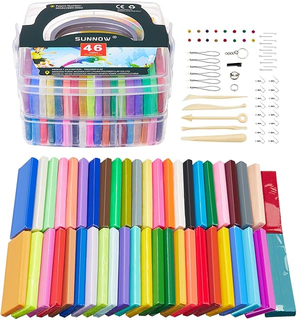 Polymer Clay-SUNNOW 46 Colours Modelling Clay Blocks DIY Craft Clay Kit Soft and Nontoxic Oven Bake with Clay Tools and Accessories Best Gifts for Kids, Bright Colour