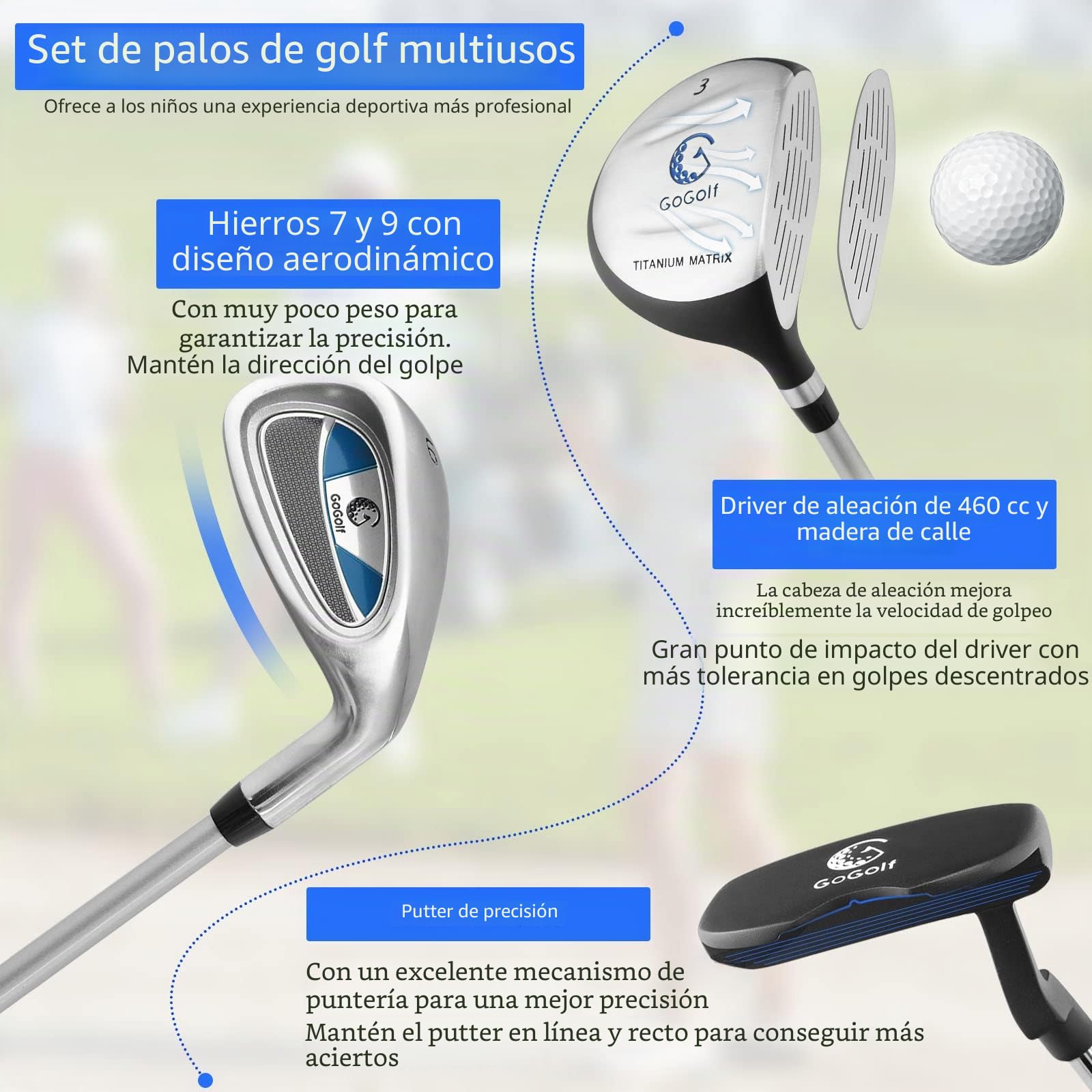 GYMAX Juego Completo de Palos de Golf para Niños de 8 a 10 Años, Golf Set Kids con Bolsa, con 1 Varilla de Madera, 2 Varillas de Hierro, 1 Varilla de Putting