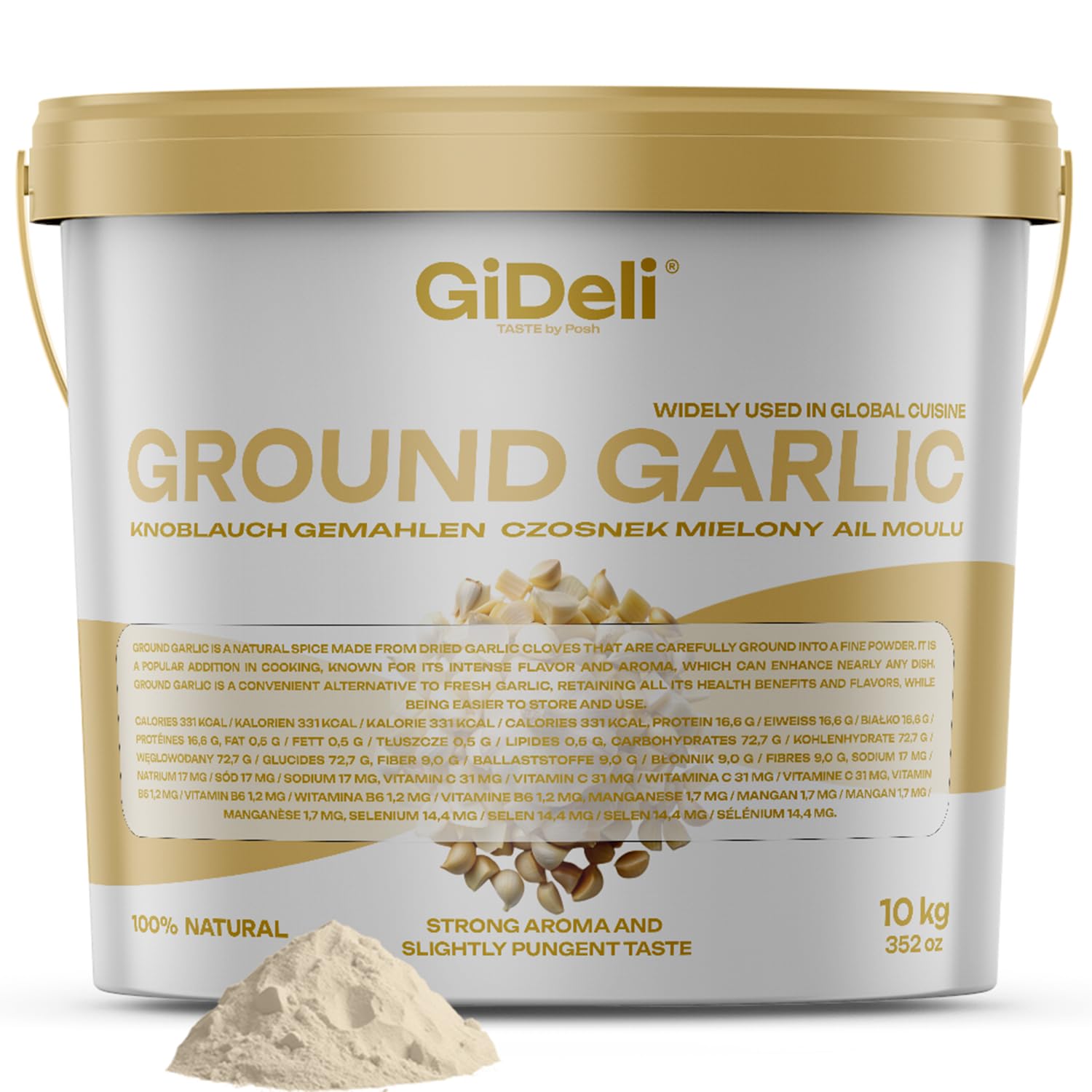 GiDeli Knoblauch granuliert 10 kg im Eimer zum Würzen von Fleisch, Gemüse und Fischgerichten. Aromatische Ergänzung zu Ihren Gerichten für Großverbraucher und Gastronomie.