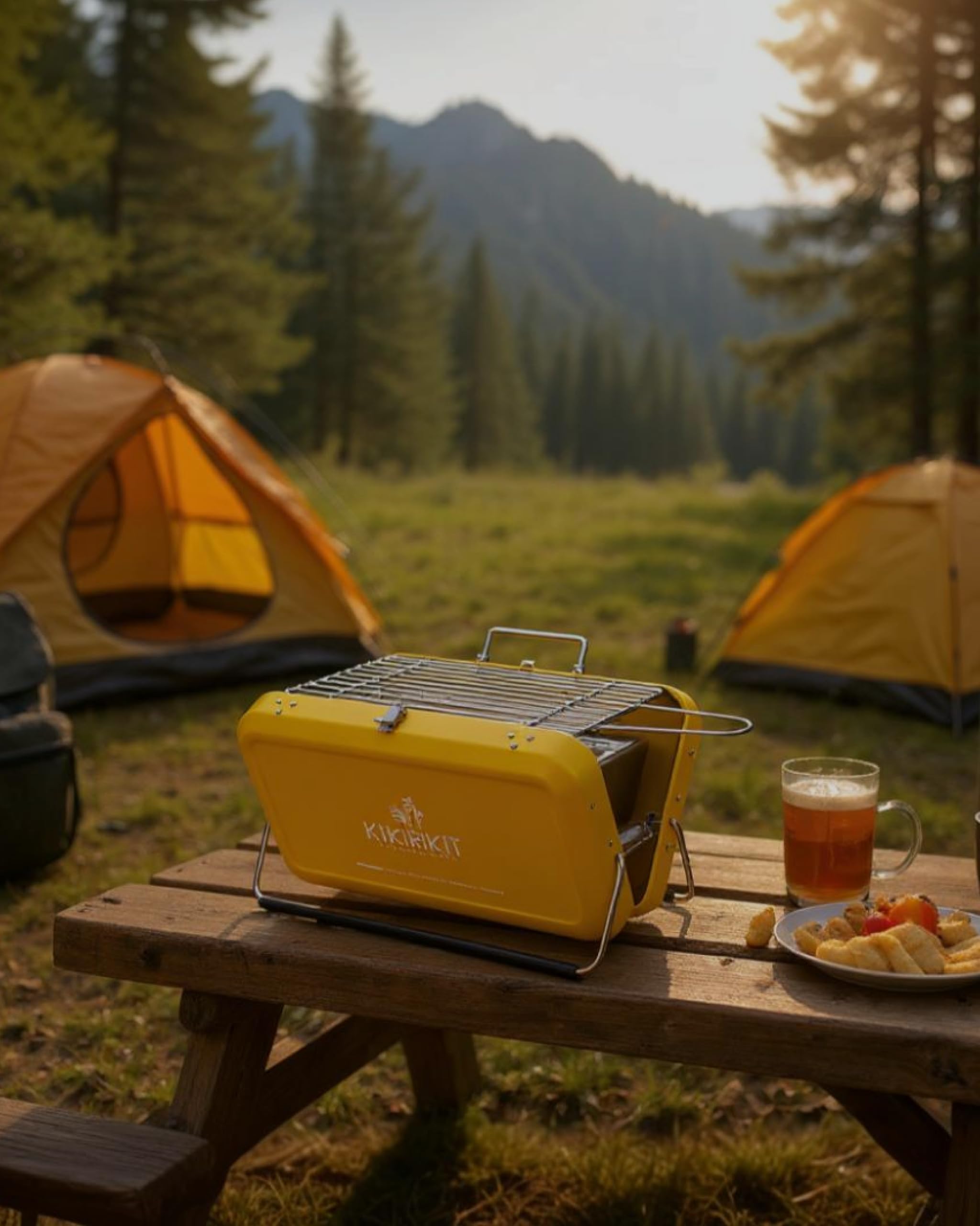 KIKIRIKIT - Grill na węgiel drzewny, przenośny grill na węgiel drzewny, składany, zestaw do grillowania, akcesoria Camper - Oryginalny prezent - Prezenty dla rodziców (żółty, Super Kit)